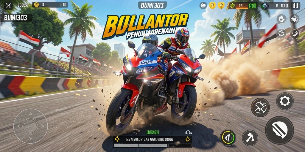 Screenshot gameplay BUMI303 menampilkan aksi balap motor yang intens.