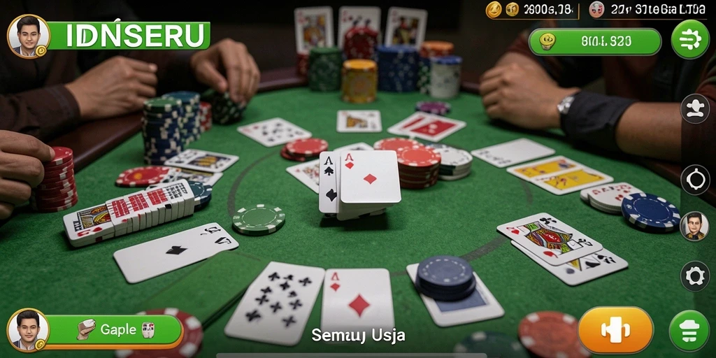 Tampilan gameplay seru di IDNSERU dengan aksi Gaple yang mendebarkan.